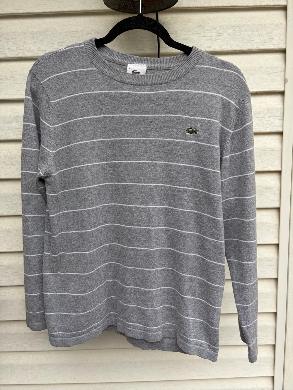 Lacoste Boys XXL Gray White Striped Crewneck Sweater Crocodile Logo